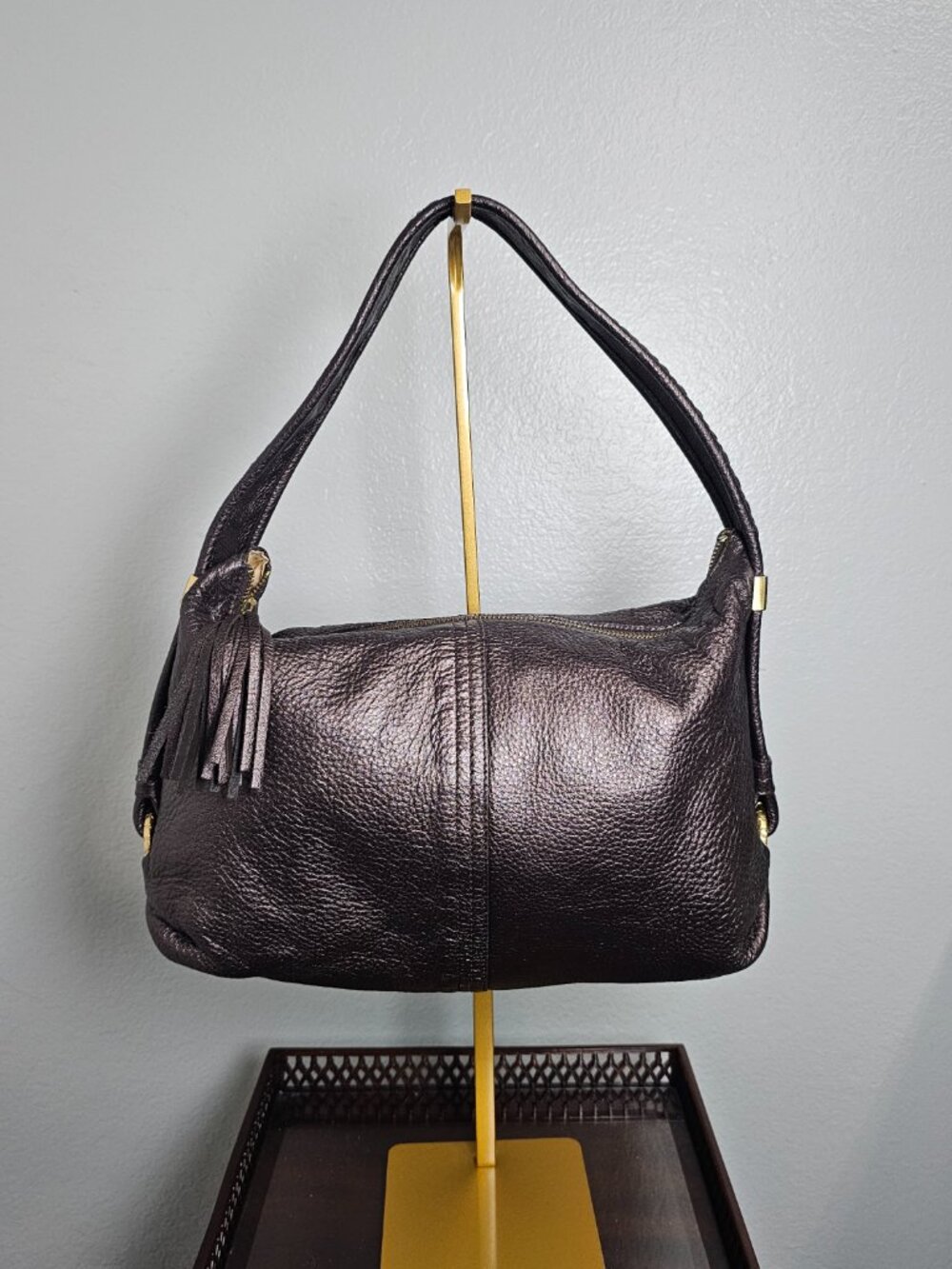 Elliott Lucca Metallic Bronze Leather Hobo Bag - Woven Strap & Tassel - Gold HW - Picture 2 of 10
